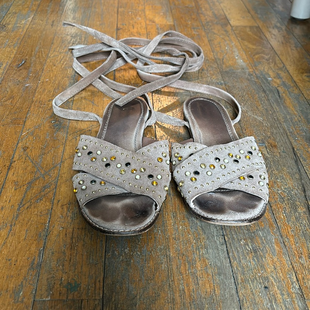Lace up suede sandals with rhinestones and studs